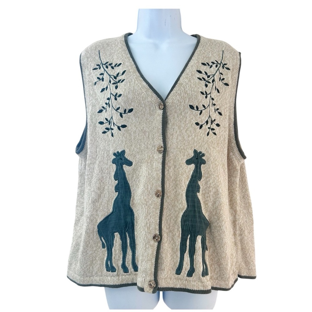 Vintage 90s Cardigan Sweater Vest Tan Embroidered Giraffes Size XL Cottagecore